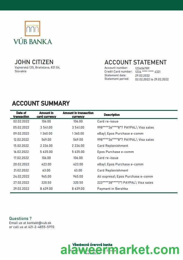 Slovakia VUB bank statement